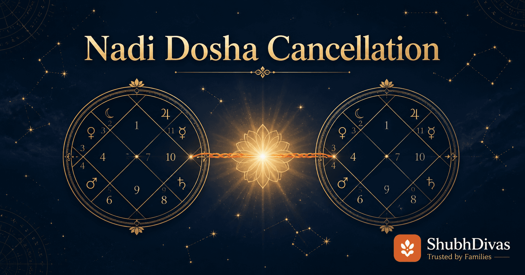Vedic astrology chart showing Nadi Koota compatibility and cancellation conditions for kundali matching