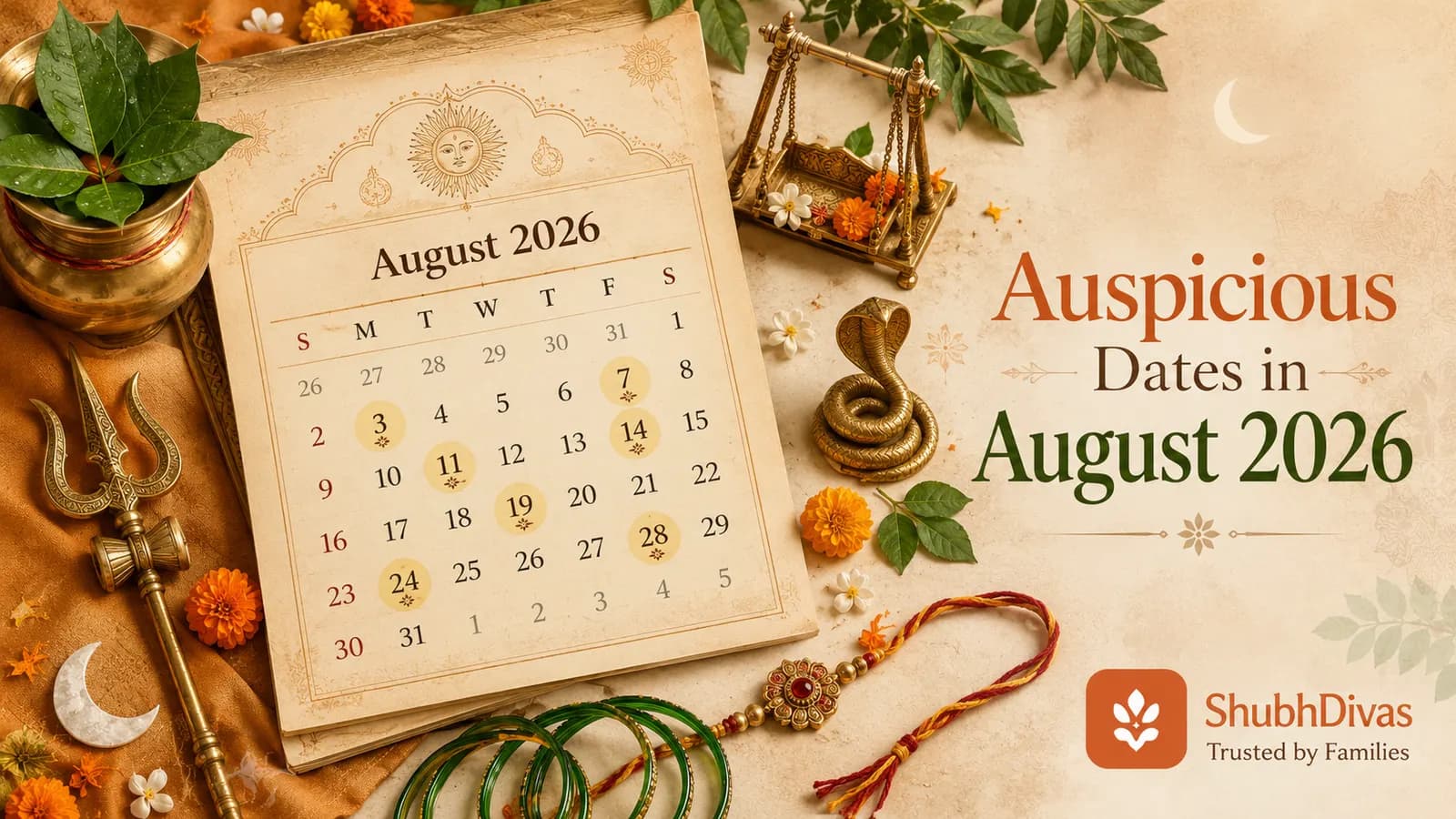 Indian panchanga calendar showing auspicious August 2026 dates with Shravan Shiva motifs, green bangles, and marigold flowers