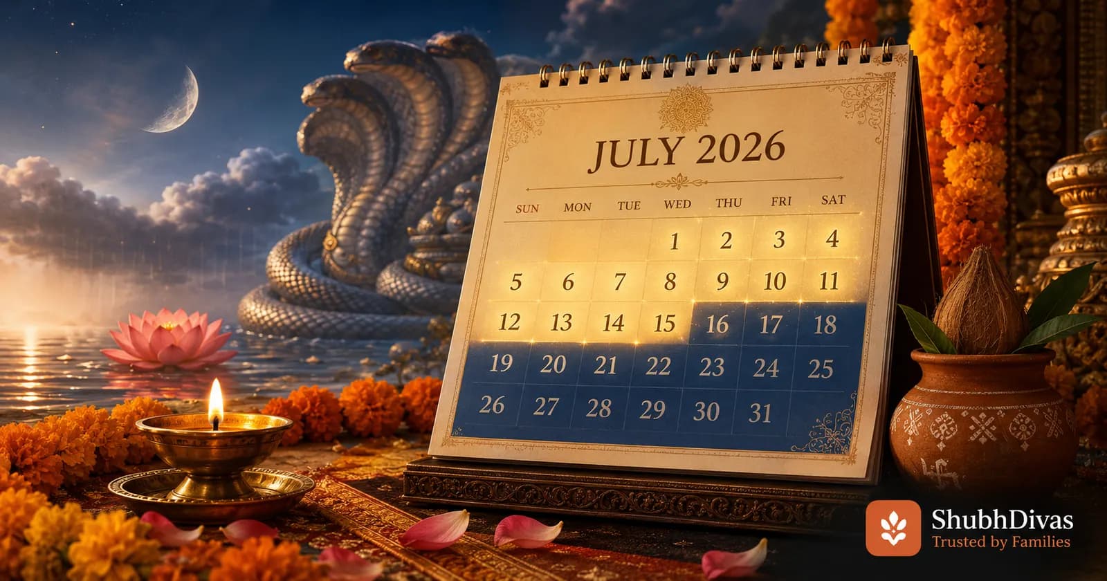 Indian calendar showing auspicious July 2026 dates with marigold flowers and a sleeping Vishnu motif marking the start of Chaturmas