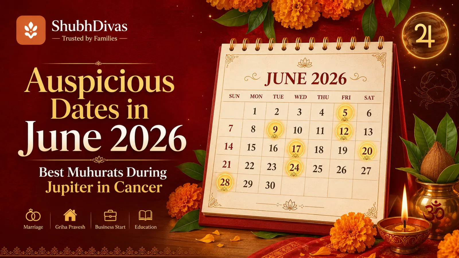 Indian calendar showing auspicious June 2026 dates with marigold flowers and Jupiter symbol for muhurat planning