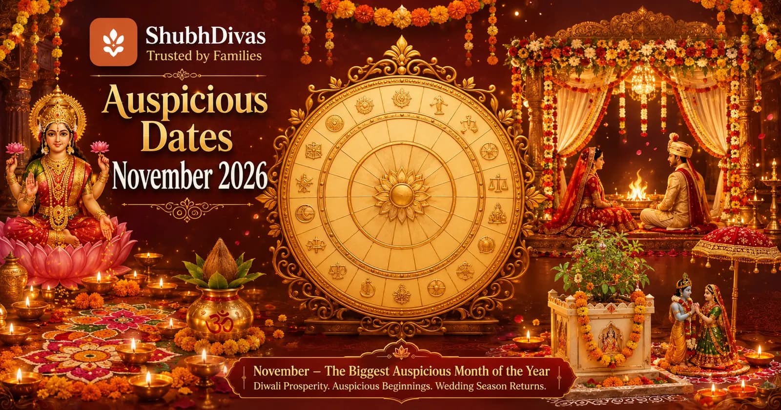 Indian panchanga calendar for November 2026 with Diwali diyas, Lakshmi, a wedding mandap and Tulsi Vivah motifs, and marigold flowers