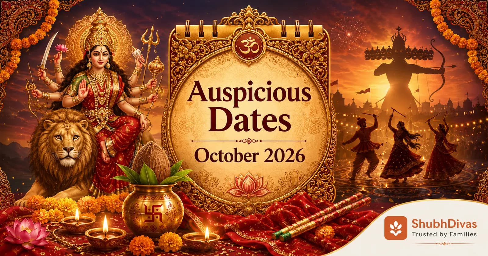 Indian panchanga calendar for October 2026 with Navratri Durga and Dussehra motifs, diyas and marigold flowers