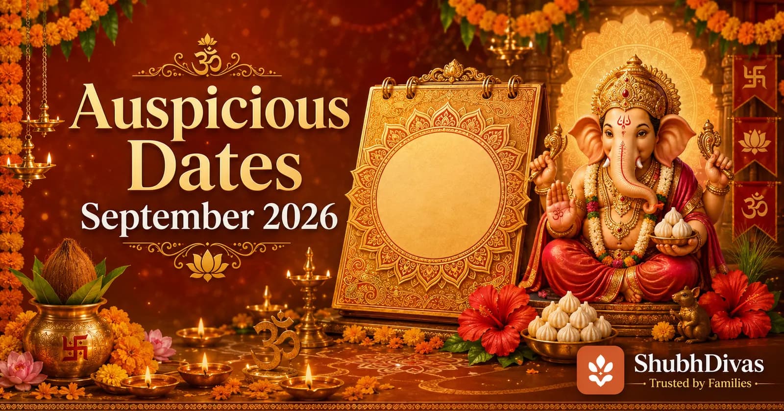 Indian panchanga calendar for September 2026 with Ganesha and Ganesh Chaturthi motifs, diyas and marigold flowers
