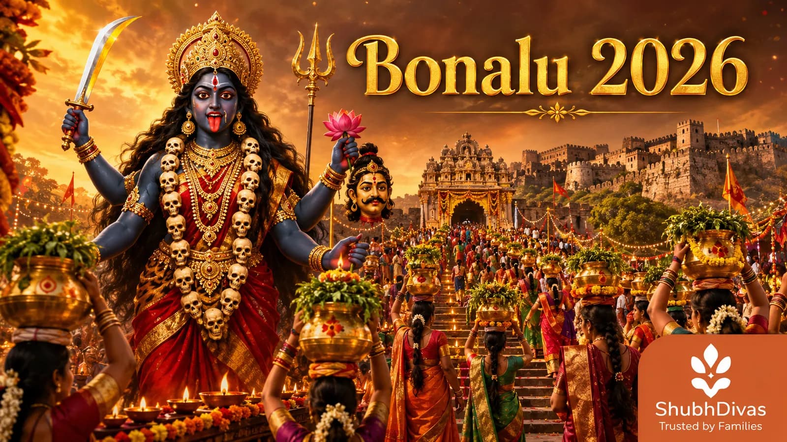Bonalu 2026 — women carrying bonam pots to Mahakali temple in Hyderabad, Telangana