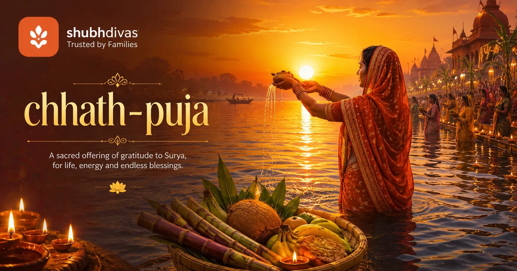 Chhath Puja 2026 — Nov 13 to 16. A devotee standing in a river at sunset offering arghya to the Sun with a bamboo soop of fruit and thekua