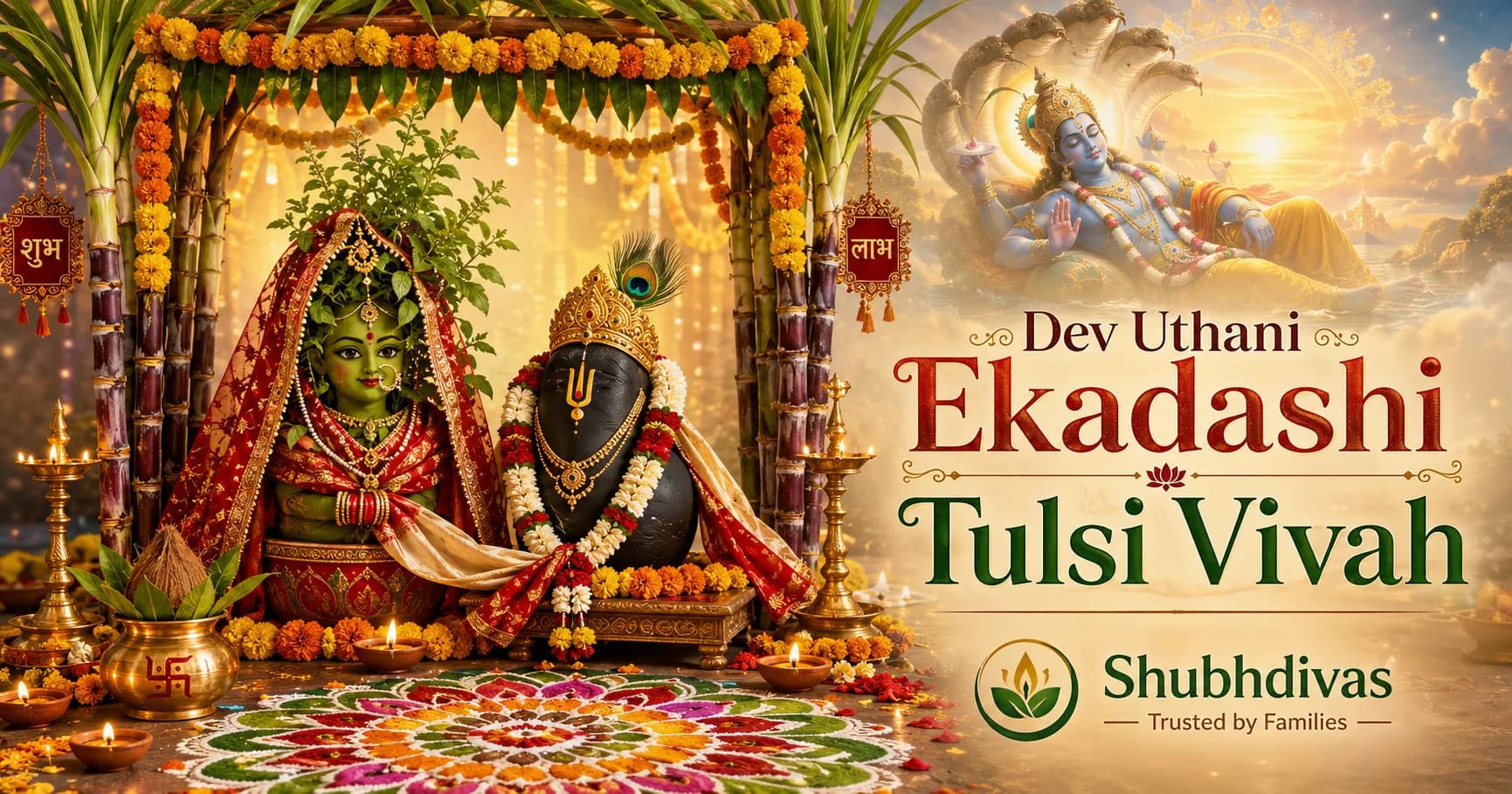 Dev Uthani Ekadashi & Tulsi Vivah 2026 — a decorated Tulsi plant married to Shaligram with diyas, sugarcane and marigolds