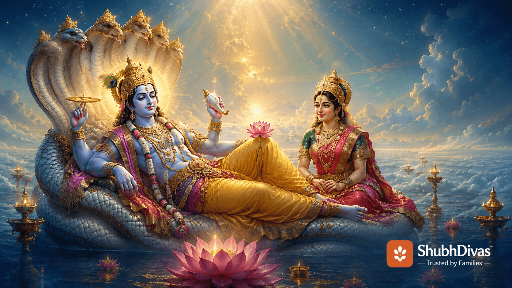 Devshayani Ekadashi 2026 — Lord Vishnu on Adi Shesha entering yoga nidra, Chaturmas begins July 25