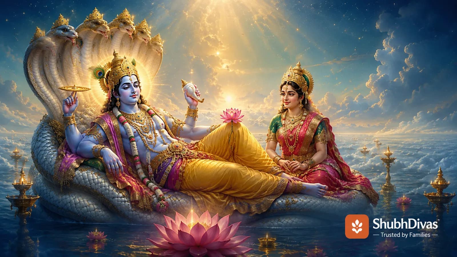 Devshayani Ekadashi 2026 — Lord Vishnu on Adi Shesha entering yoga nidra, Chaturmas begins July 25