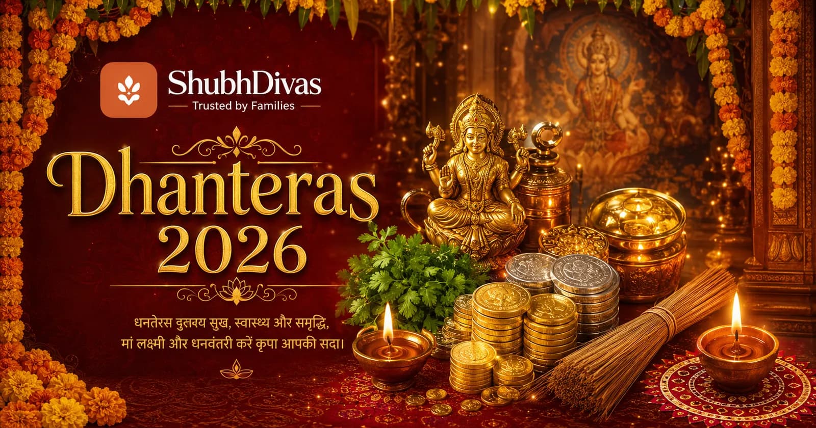 Dhanteras 2026 — Friday November 6. Gold and silver coins, brass utensils, a Lakshmi-Kubera diya and marigolds for the first day of Diwali