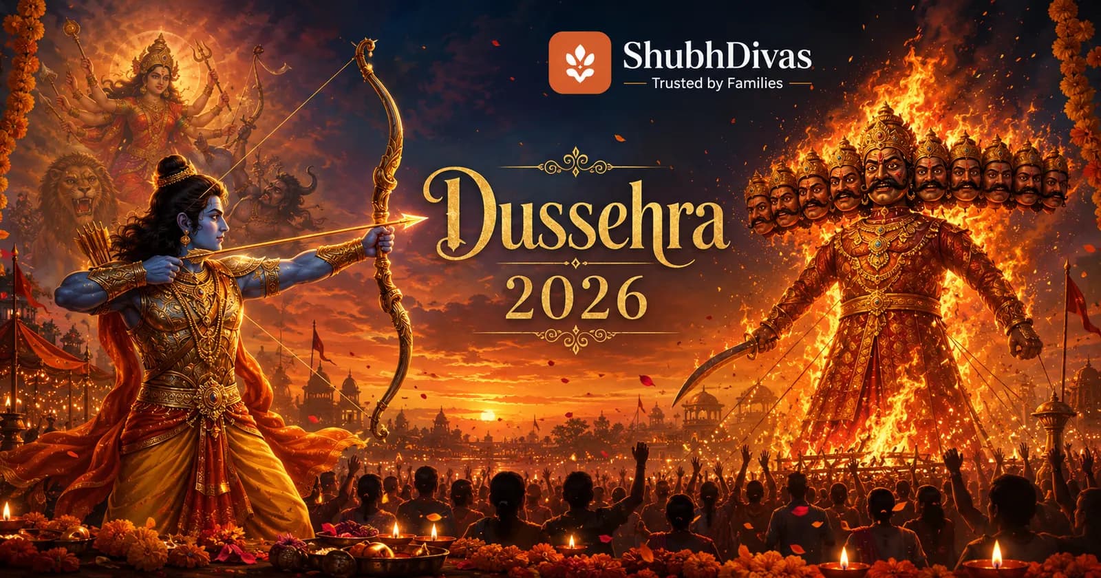 Dussehra 2026 — Tuesday October 20. Lord Rama drawing his bow against a towering Ravana effigy at dusk, with diyas and marigolds