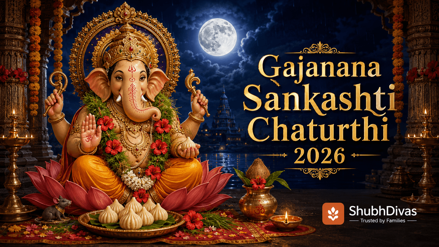 Gajanana Sankashti Chaturthi 2026 โ the elephant-faced Gajanana form of Lord Ganesha worshipped under the rising moon on Sunday August 2
