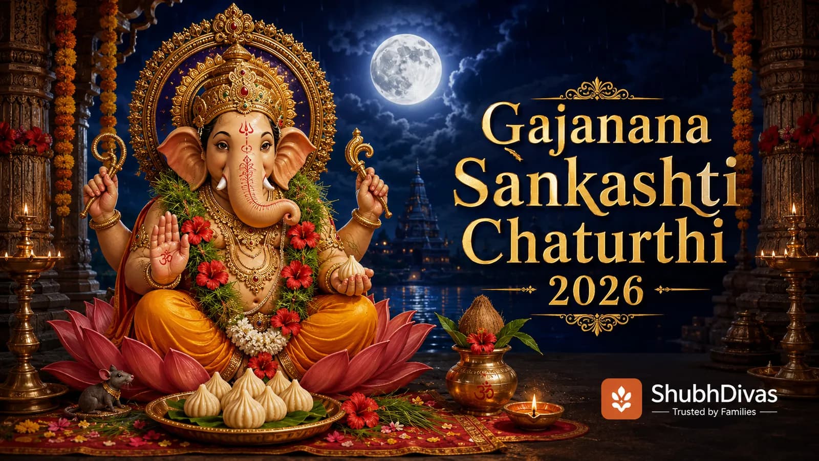 Gajanana Sankashti Chaturthi 2026 — the elephant-faced Gajanana form of Lord Ganesha worshipped under the rising moon on Sunday August 2