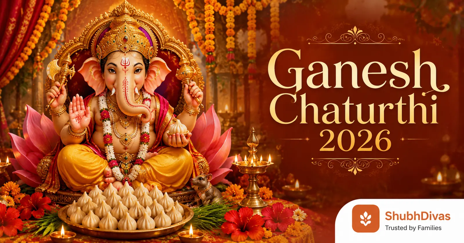 Ganesh Chaturthi 2026 — Monday September 14. Lord Ganesha with modak, durva grass and red flowers, and the Madhyahna puja muhurat