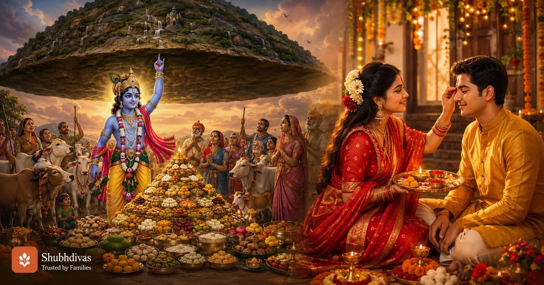 Govardhan Puja & Bhai Dooj 2026 — Krishna lifting Govardhan hill with an Annakut of food, and a sister applying tilak to her brother