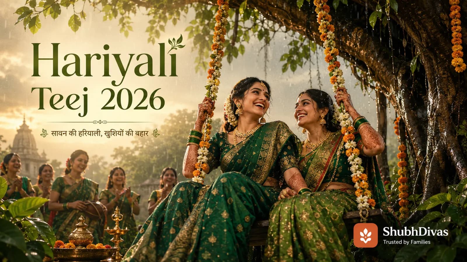 Married women in green sarees swinging on a flower-decorated jhula under monsoon trees, celebrating Hariyali Teej during the holy month of Sawan