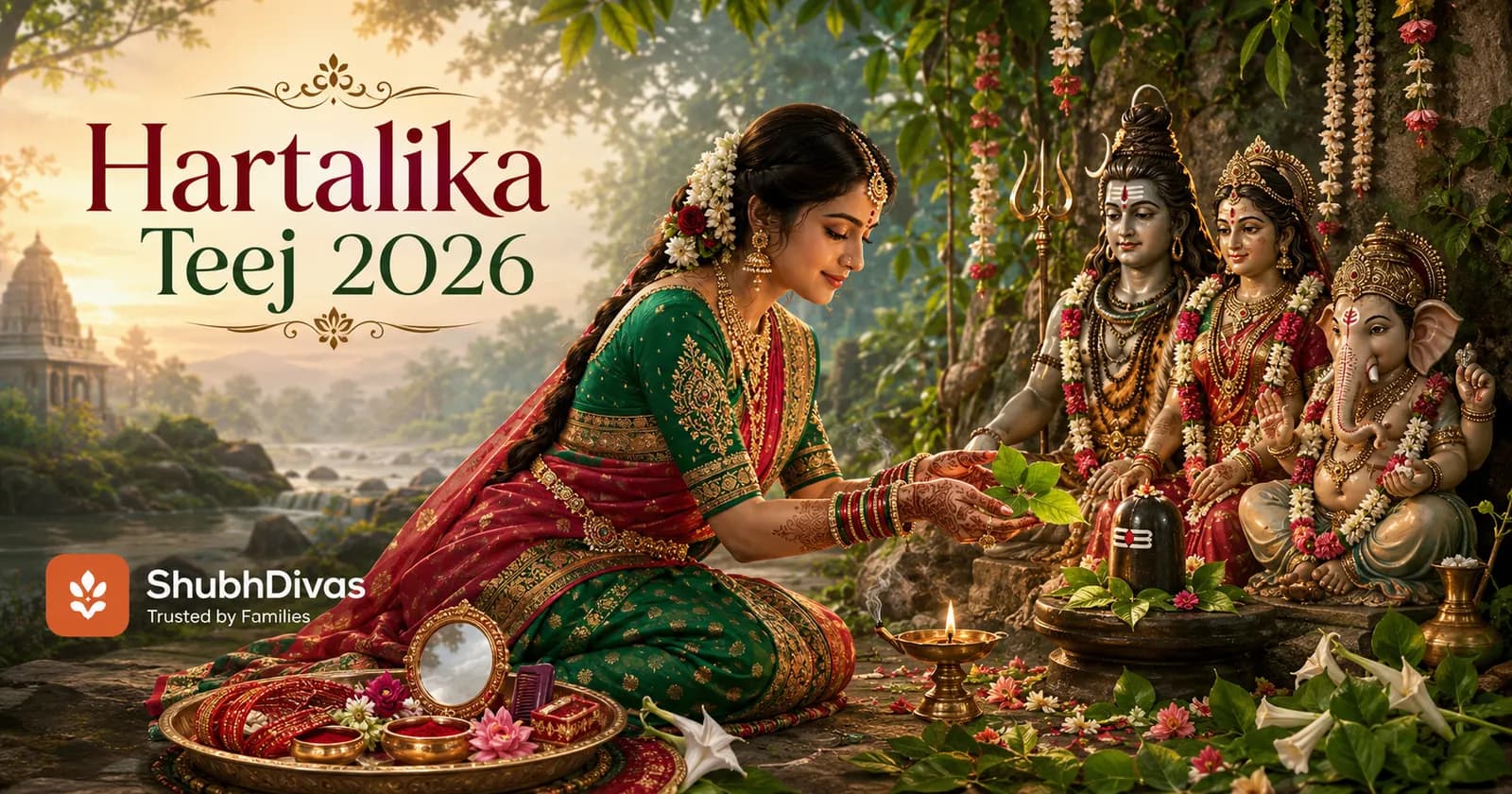 Hartalika Teej 2026 — Monday September 14, a woman worshipping a sand Shivling of Shiva and Parvati with flowers and a ghee lamp on Bhadrapada Shukla Tritiya
