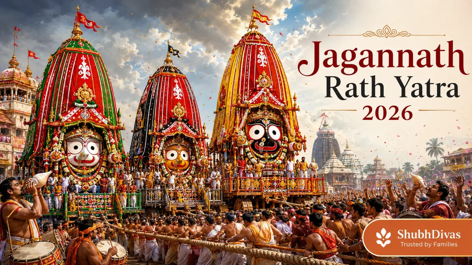 Jagannath Rath Yatra 2026 — three towering chariots of Jagannath, Balabhadra and Subhadra pulled by devotees through Puri on July 16