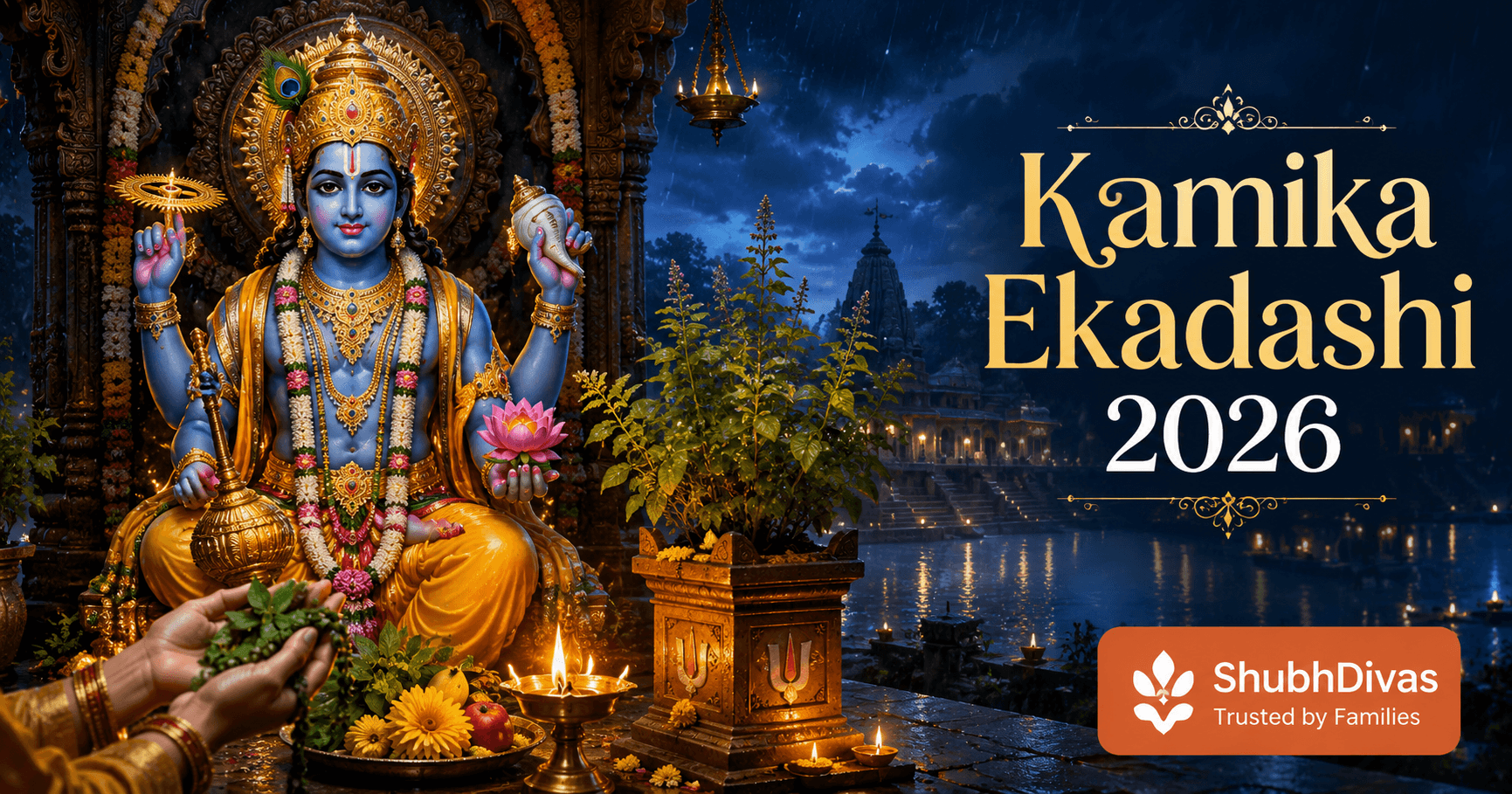 Kamika Ekadashi 2026 โ Sunday August 9, Lord Vishnu worshipped with tulsi leaves and a ghee lamp on the Shravana Krishna Ekadashi