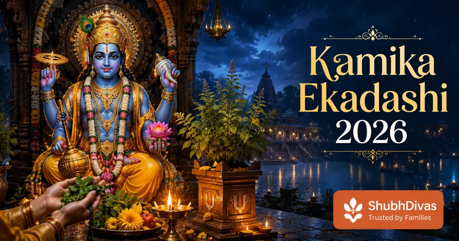 Kamika Ekadashi 2026 — Sunday August 9, Lord Vishnu worshipped with tulsi leaves and a ghee lamp on the Shravana Krishna Ekadashi