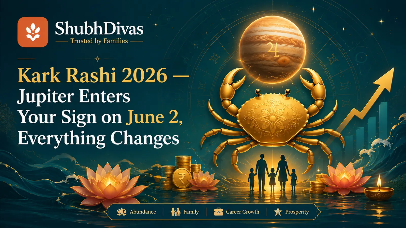 Kark Rashi Cancer symbol glowing with Jupiter golden light — Jupiter enters Cancer June 2 2026 Vedic astrology