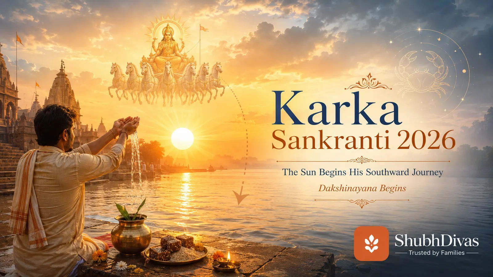 Karka Sankranti 2026 — the Sun entering Cancer on July 16, marking the start of Dakshinayana, with a sunrise over a sacred river and offerings