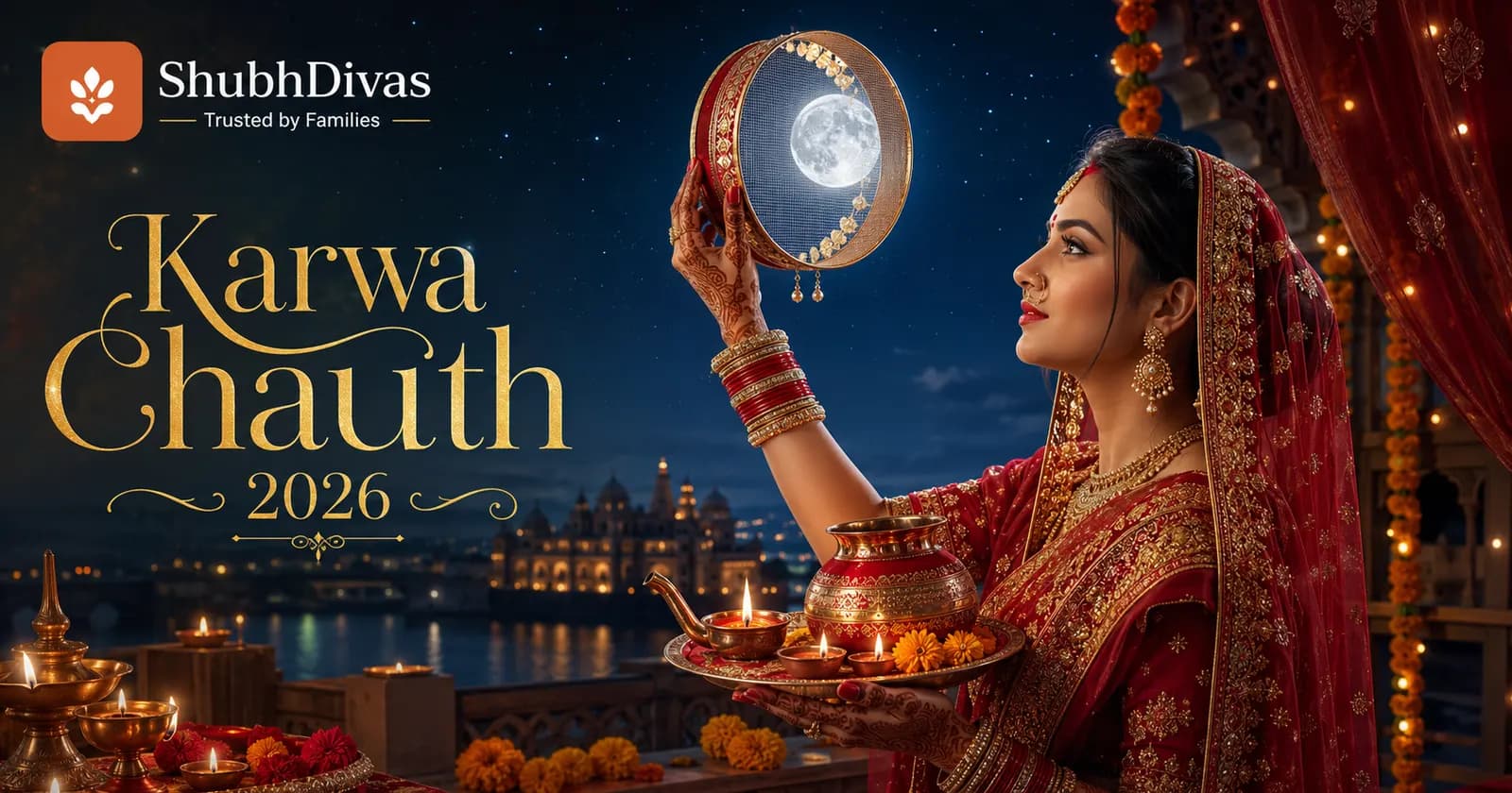 Karwa Chauth 2026 — Thursday October 29. A married woman viewing the moon through a sieve with a diya-lit thali and a karwa pot