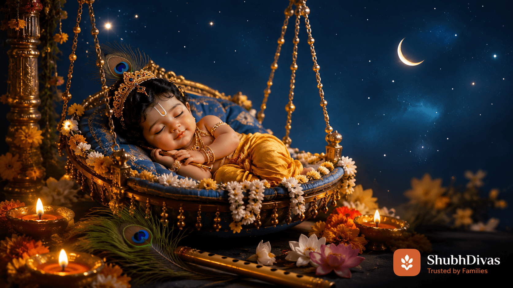 Krishna Janmashtami 2026 — decorated Bal Gopal idol at midnight Nishita Kaal puja, September 4