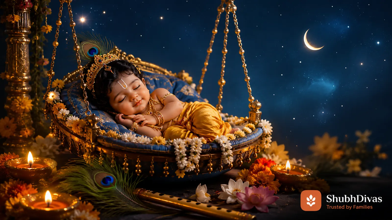 Krishna Janmashtami 2026 — decorated Bal Gopal idol at midnight Nishita Kaal puja, September 4