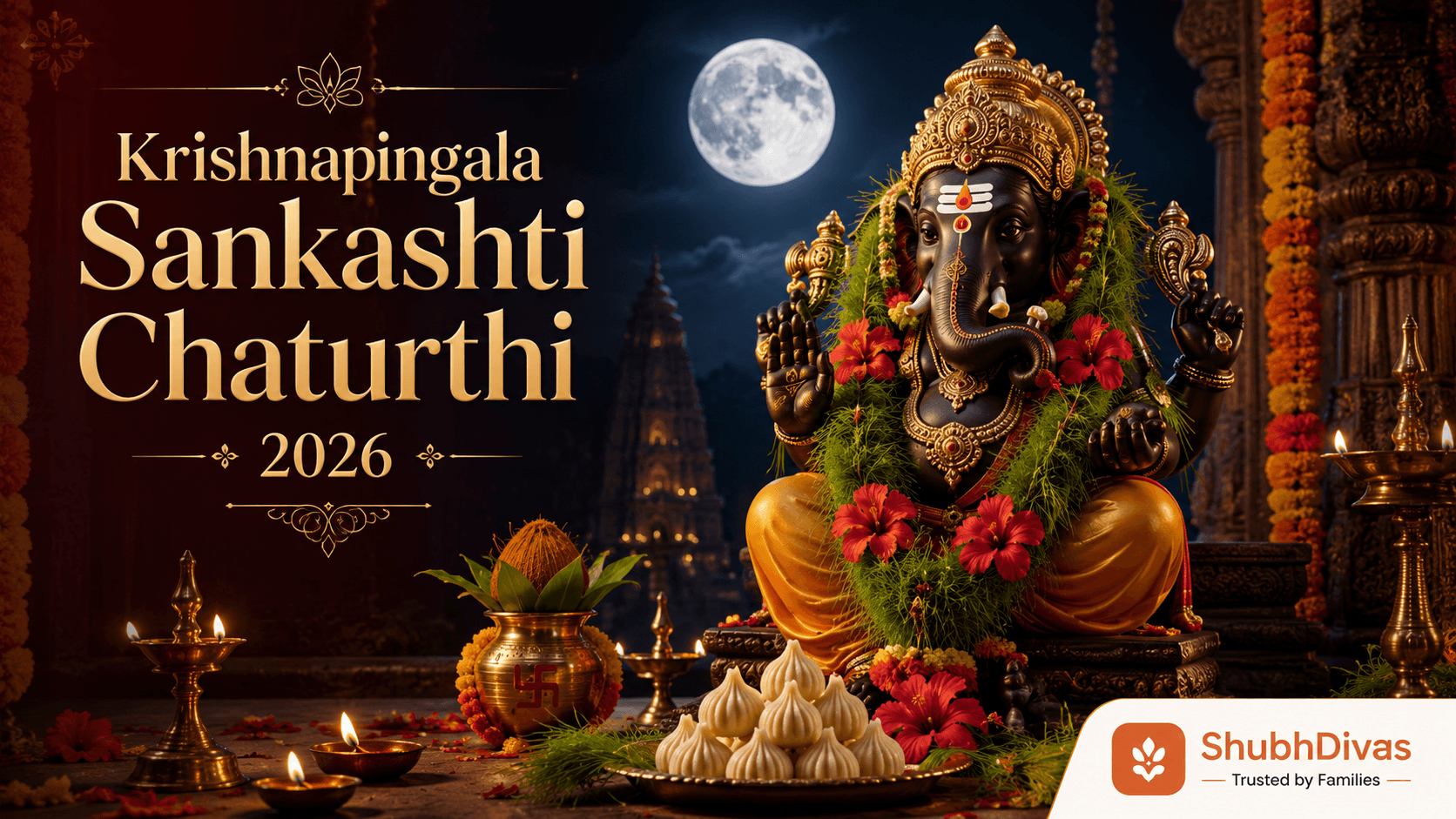 Krishnapingala Sankashti Chaturthi 2026 โ dark-complexioned Krishnapingala Ganesha worshipped under the rising moon on Friday July 3