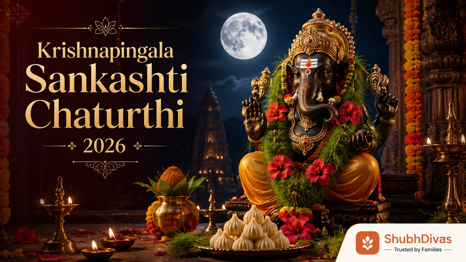 Krishnapingala Sankashti Chaturthi 2026 — dark-complexioned Krishnapingala Ganesha worshipped under the rising moon on Friday July 3