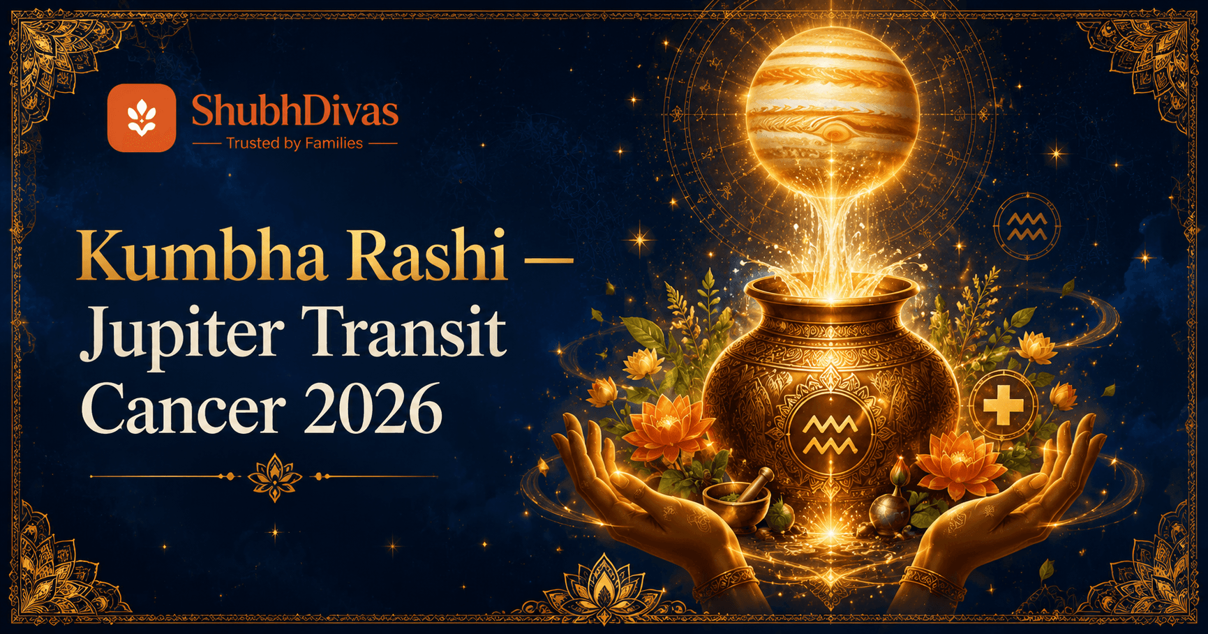Kumbha Rashi water-bearer symbol glowing with Jupiter golden light — Guru Gochar Cancer 2026 6th house transit for Aquarius