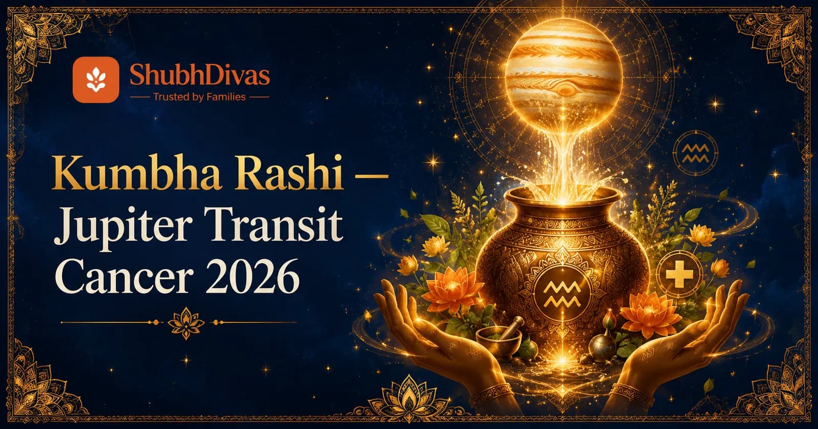Kumbha Rashi water-bearer symbol glowing with Jupiter golden light — Guru Gochar Cancer 2026 6th house transit for Aquarius