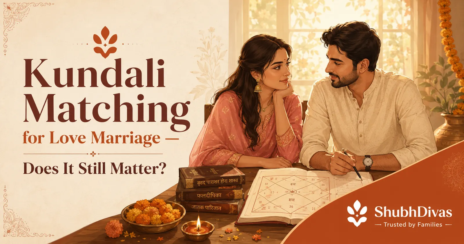 Two kundali charts side by side representing love marriage compatibility assessment in Vedic astrology