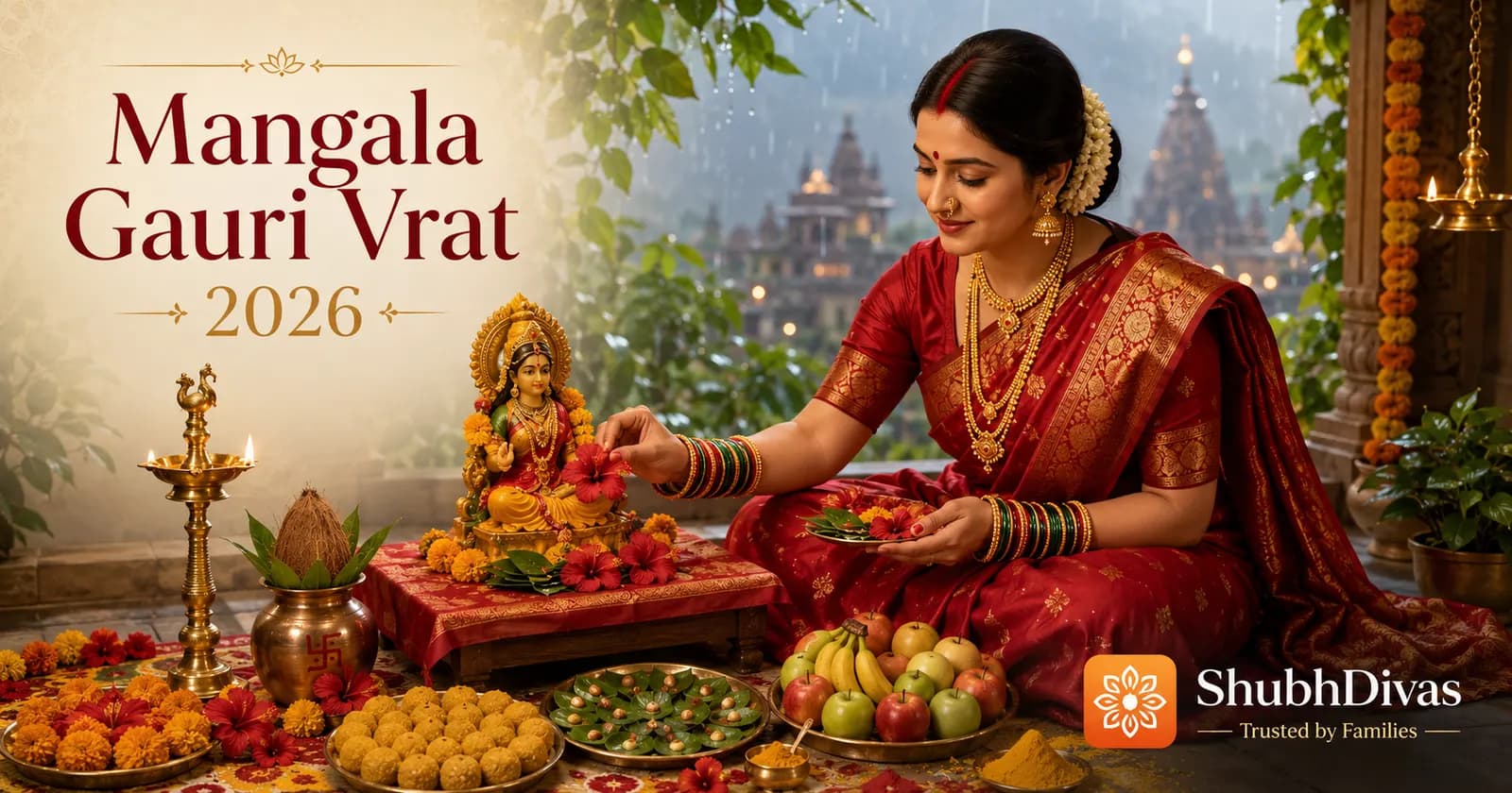 Married Hindu woman in red performing Mangala Gauri Vrat puja with a turmeric Gauri idol, sixteen bangles, lamp and marigold flowers during Sawan