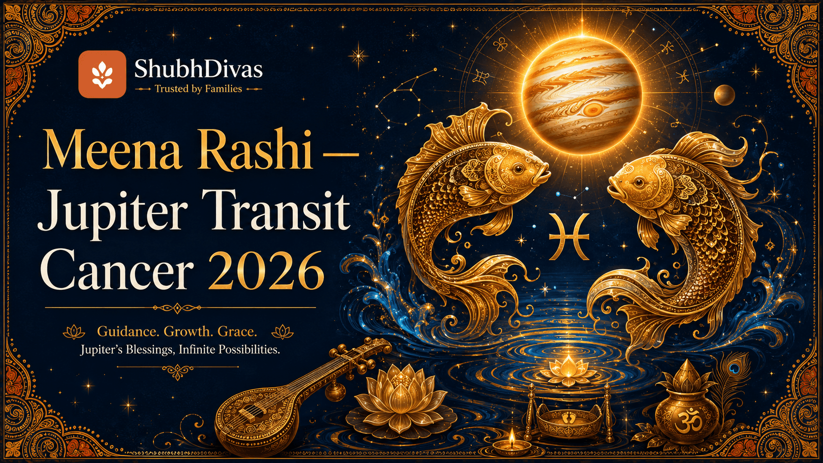 Meena Rashi fish symbol glowing with Jupiter golden light — Guru Gochar Cancer 2026 5th house transit for Pisces