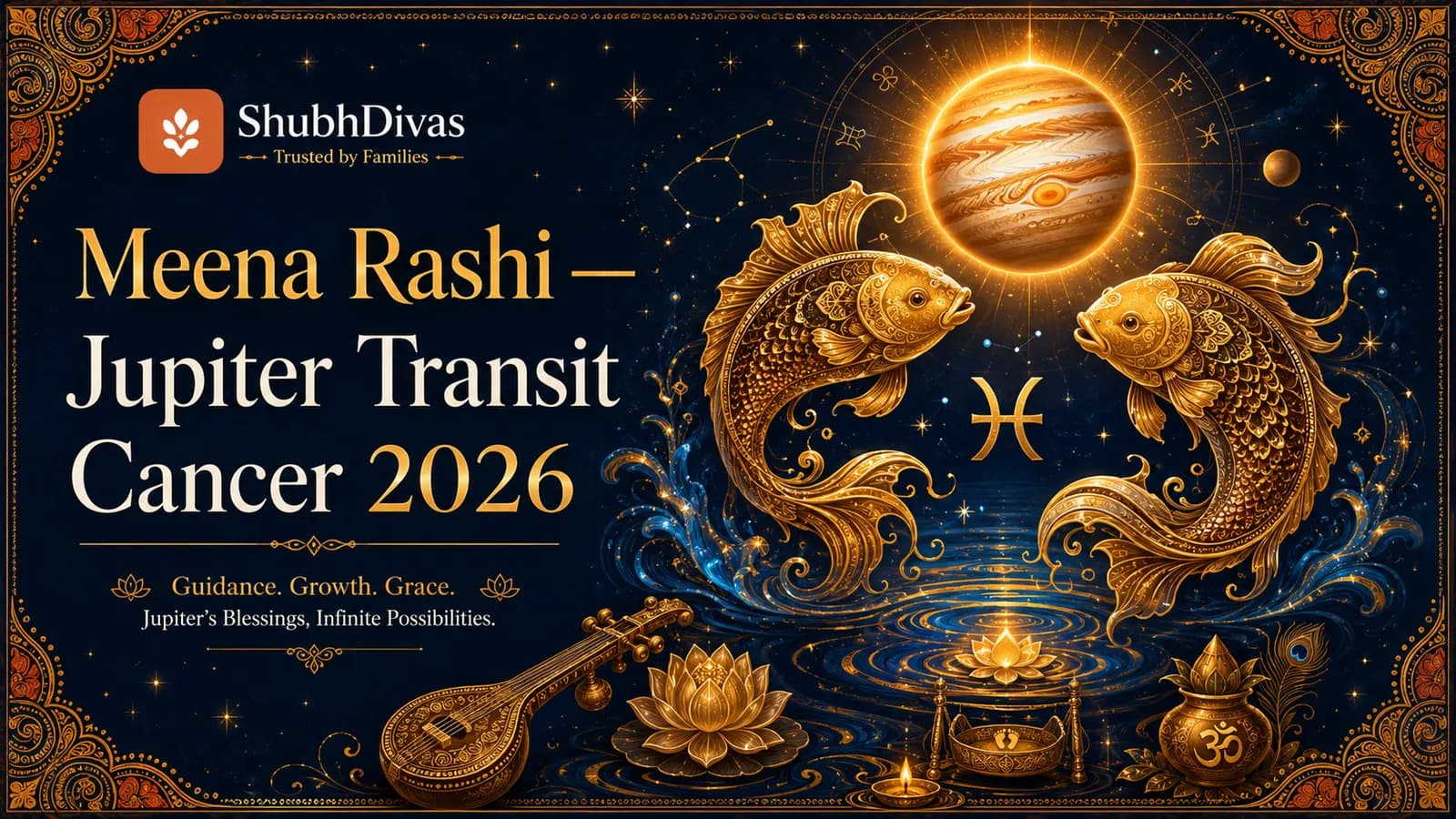 Meena Rashi fish symbol glowing with Jupiter golden light — Guru Gochar Cancer 2026 5th house transit for Pisces
