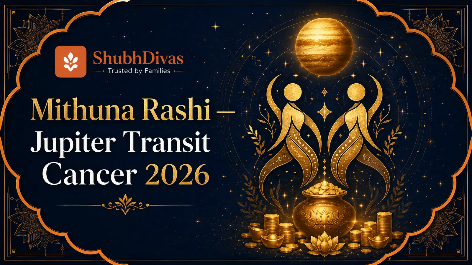 Mithuna Rashi twins symbol glowing with Jupiter golden light — Guru Gochar Cancer 2026 2nd house transit for Gemini