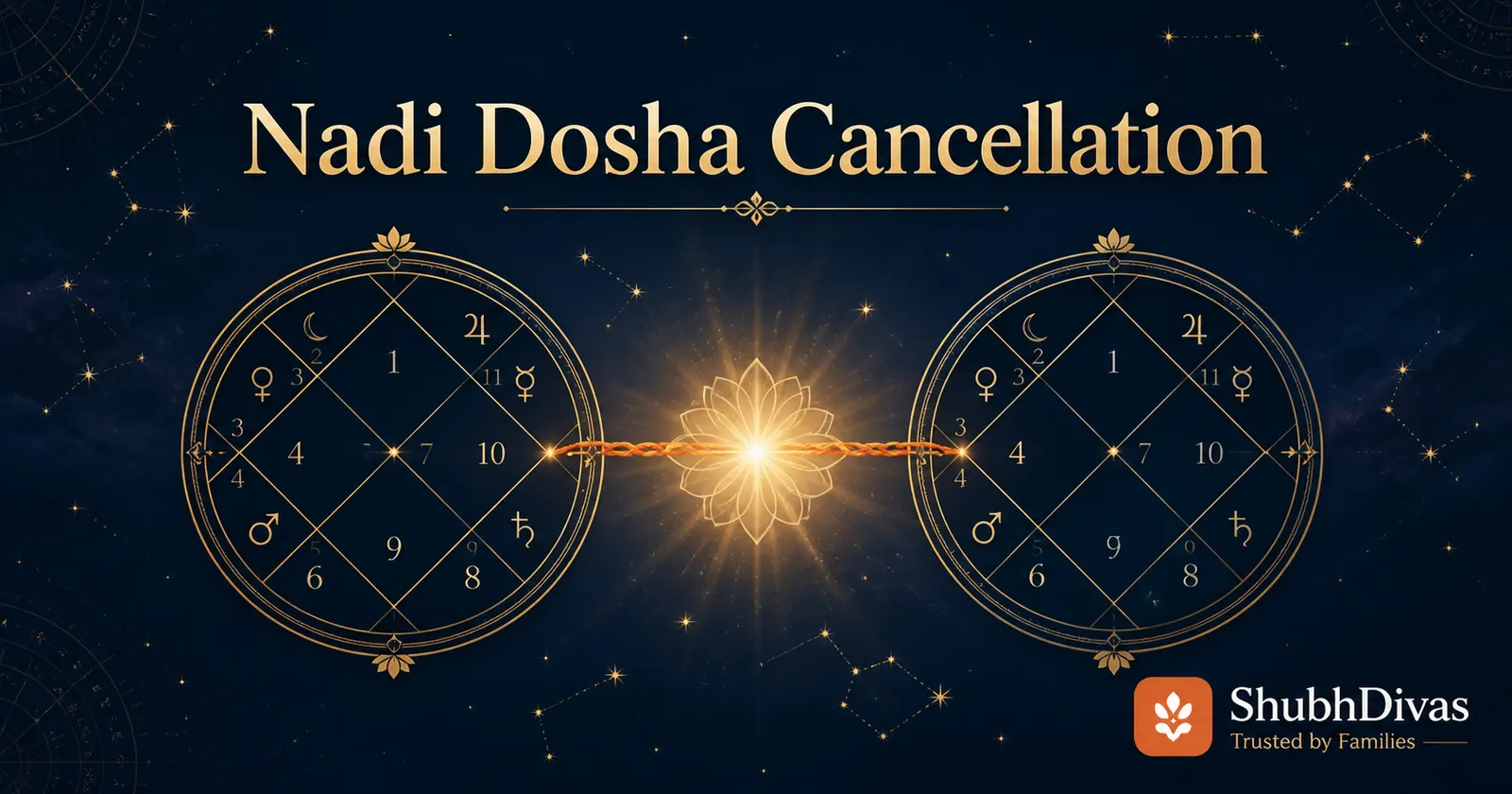 Vedic astrology chart showing Nadi Koota compatibility and cancellation conditions for kundali matching