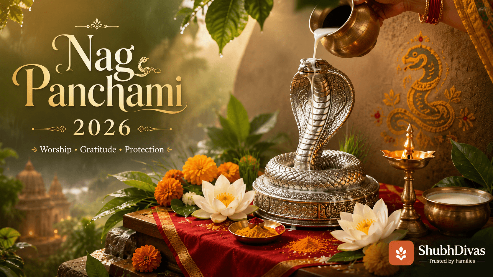 Nag Panchami puja with a silver serpent idol being bathed in milk, marigold flowers, a lit diya and turmeric, during the holy month of Sawan
