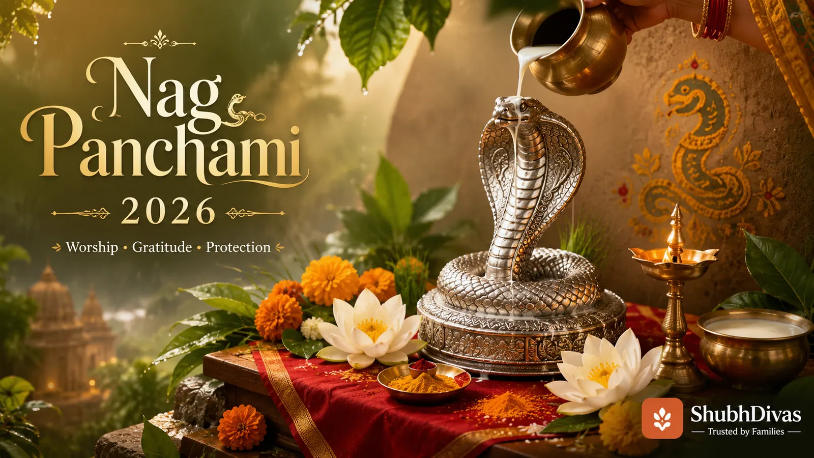 Nag Panchami puja with a silver serpent idol being bathed in milk, marigold flowers, a lit diya and turmeric, during the holy month of Sawan