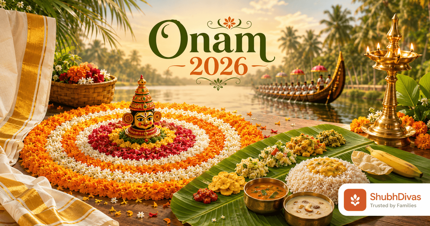Onam 2026 โ a grand Pookalam flower carpet and Onam Sadya on a banana leaf, celebrating Thiruvonam on Wednesday August 26