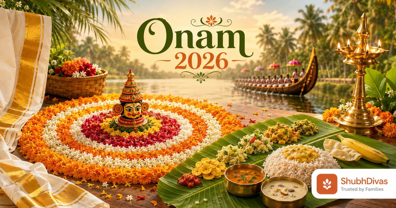 Onam 2026 — a grand Pookalam flower carpet and Onam Sadya on a banana leaf, celebrating Thiruvonam on Wednesday August 26