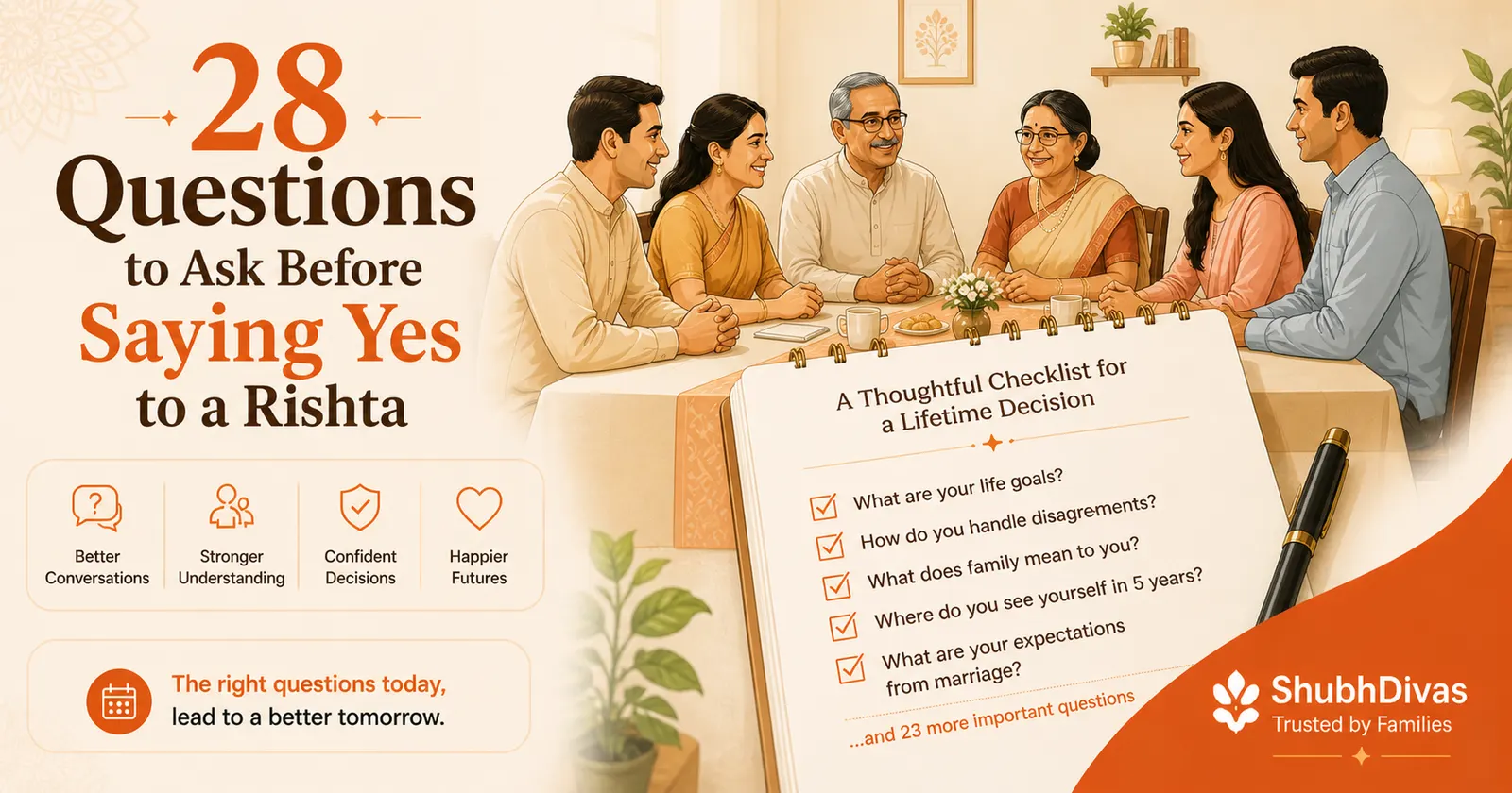 Indian family discussing marriage proposal with checklist