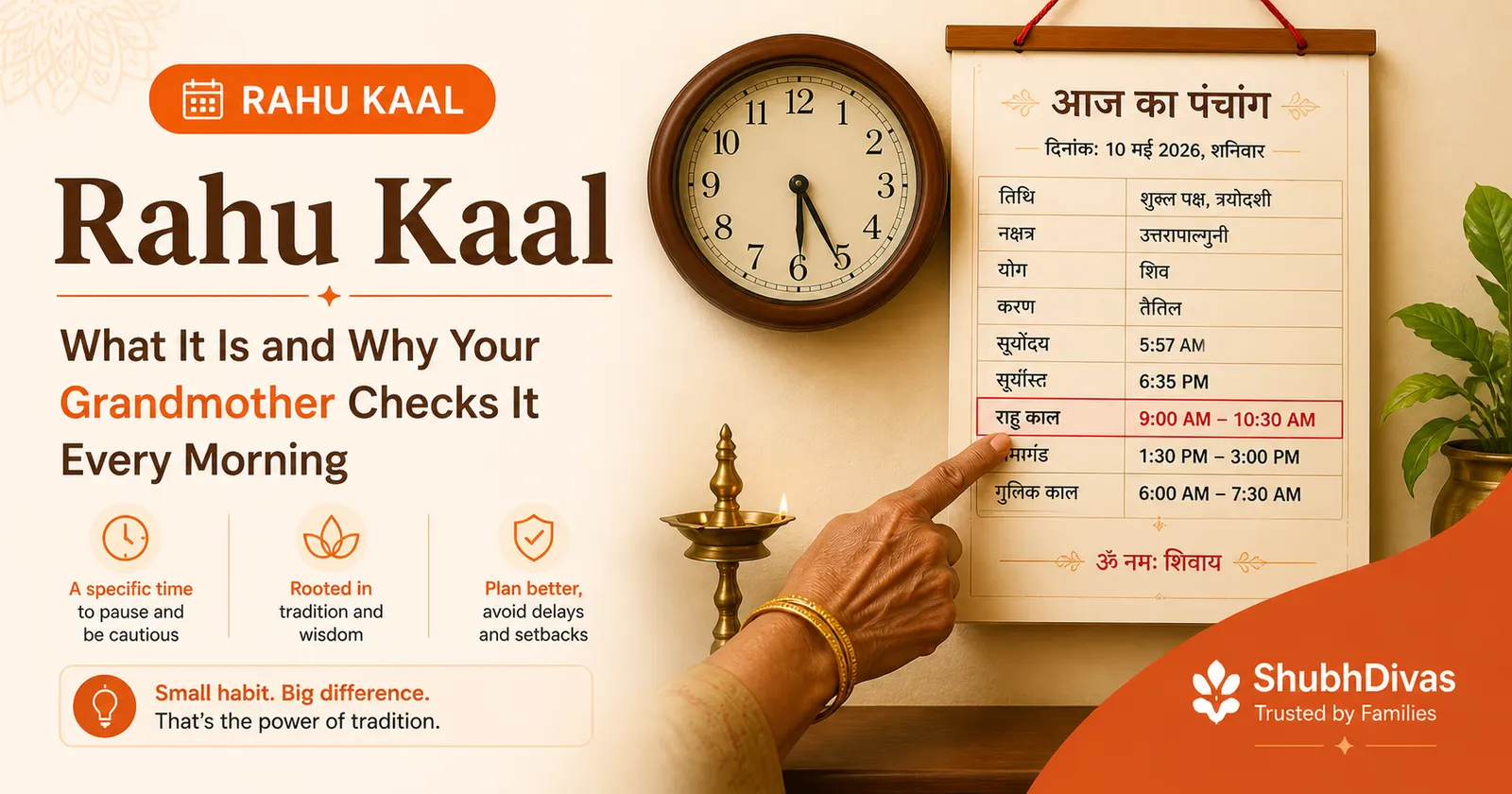 Traditional Indian panchanga calendar showing Rahu Kaal timings