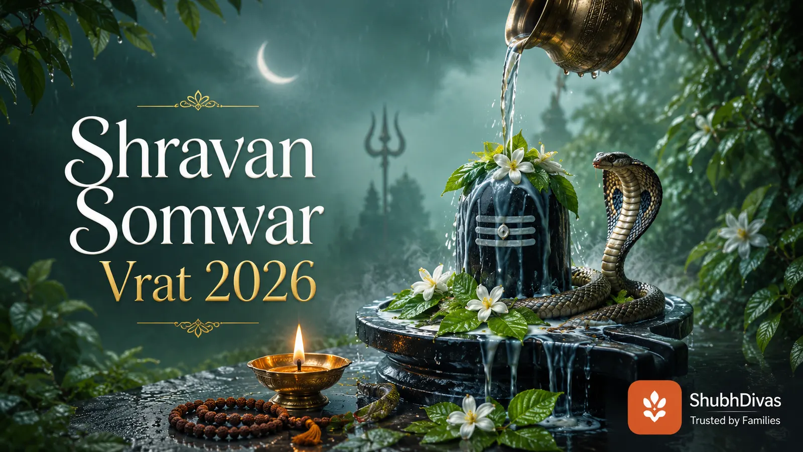 Shravan Somwar Vrat 2026 — a Shivalinga abhishekam with water, bilva leaves and a brass lota on the first Monday of Sawan, August 3