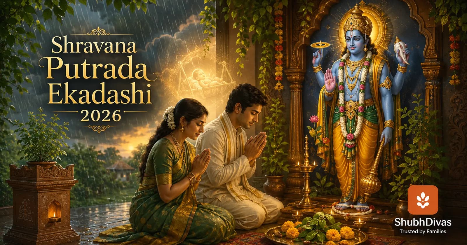 Shravana Putrada Ekadashi 2026 — Sunday August 23, a couple worshipping Lord Vishnu with tulsi and a ghee lamp on the Shravana Shukla Ekadashi