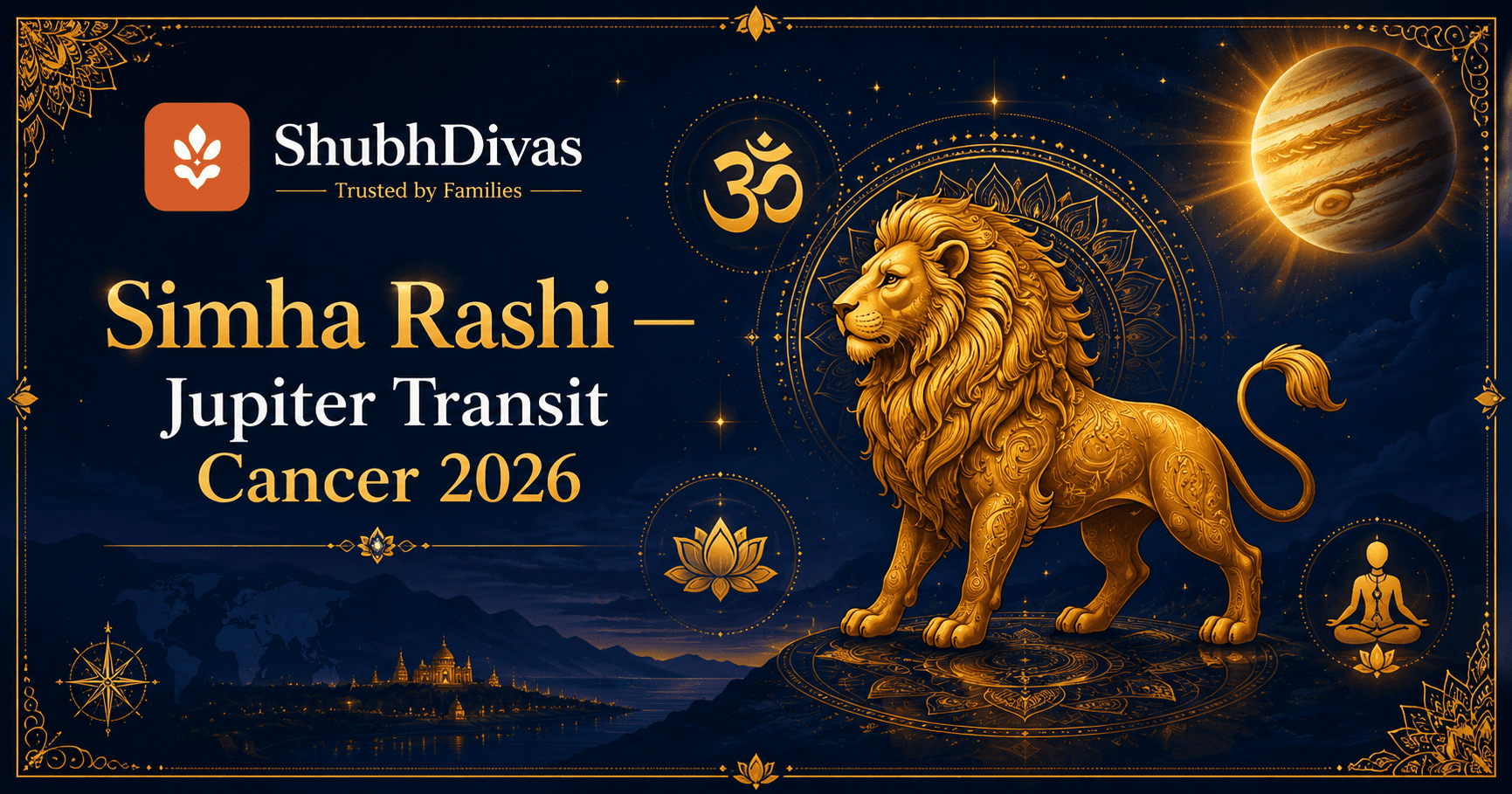 Simha Rashi lion symbol glowing with Jupiter golden light — Guru Gochar Cancer 2026 12th house transit for Leo