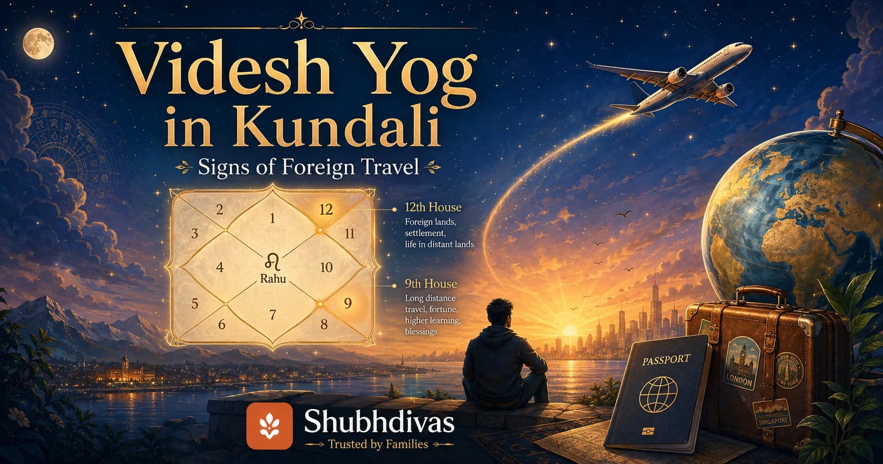 Vedic birth chart with a passport, an aeroplane and a globe, showing the 12th house, 9th house and Rahu examined for foreign travel and settlement