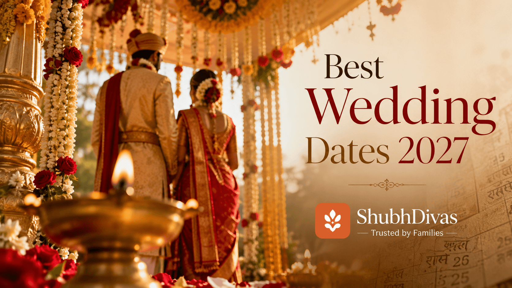 Auspicious Hindu wedding mandap with marigold garlands and oil lamps representing vivah muhurat 2027