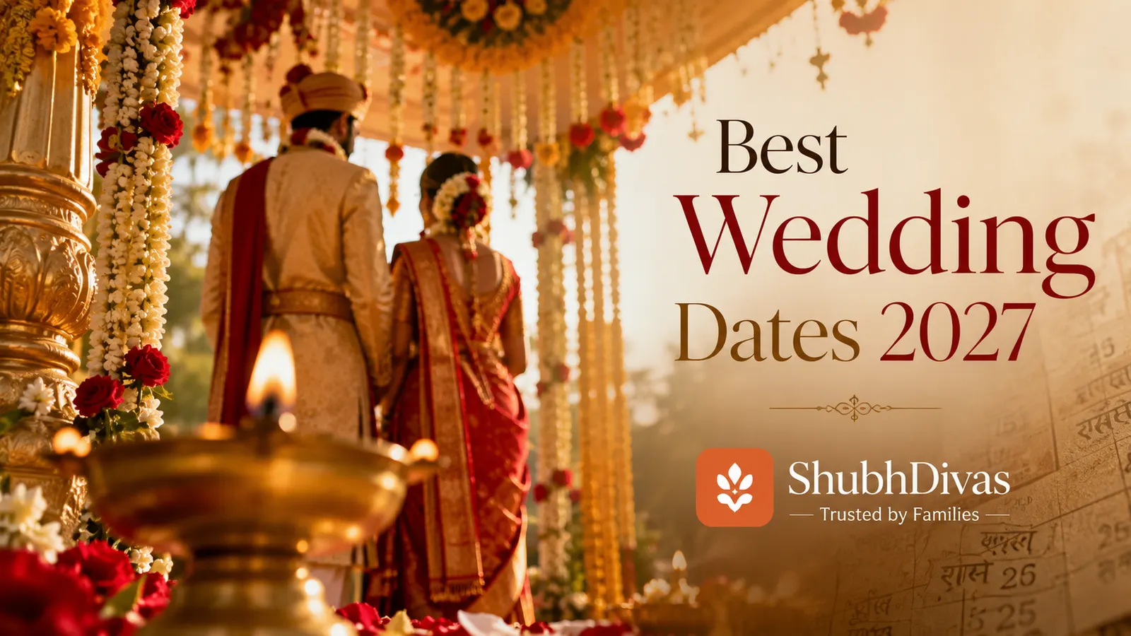 Auspicious Hindu wedding mandap with marigold garlands and oil lamps representing vivah muhurat 2027